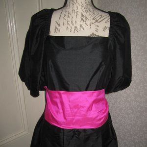 Vintage Calypso Bermuda black raw silk dress w hot pink sash, size M